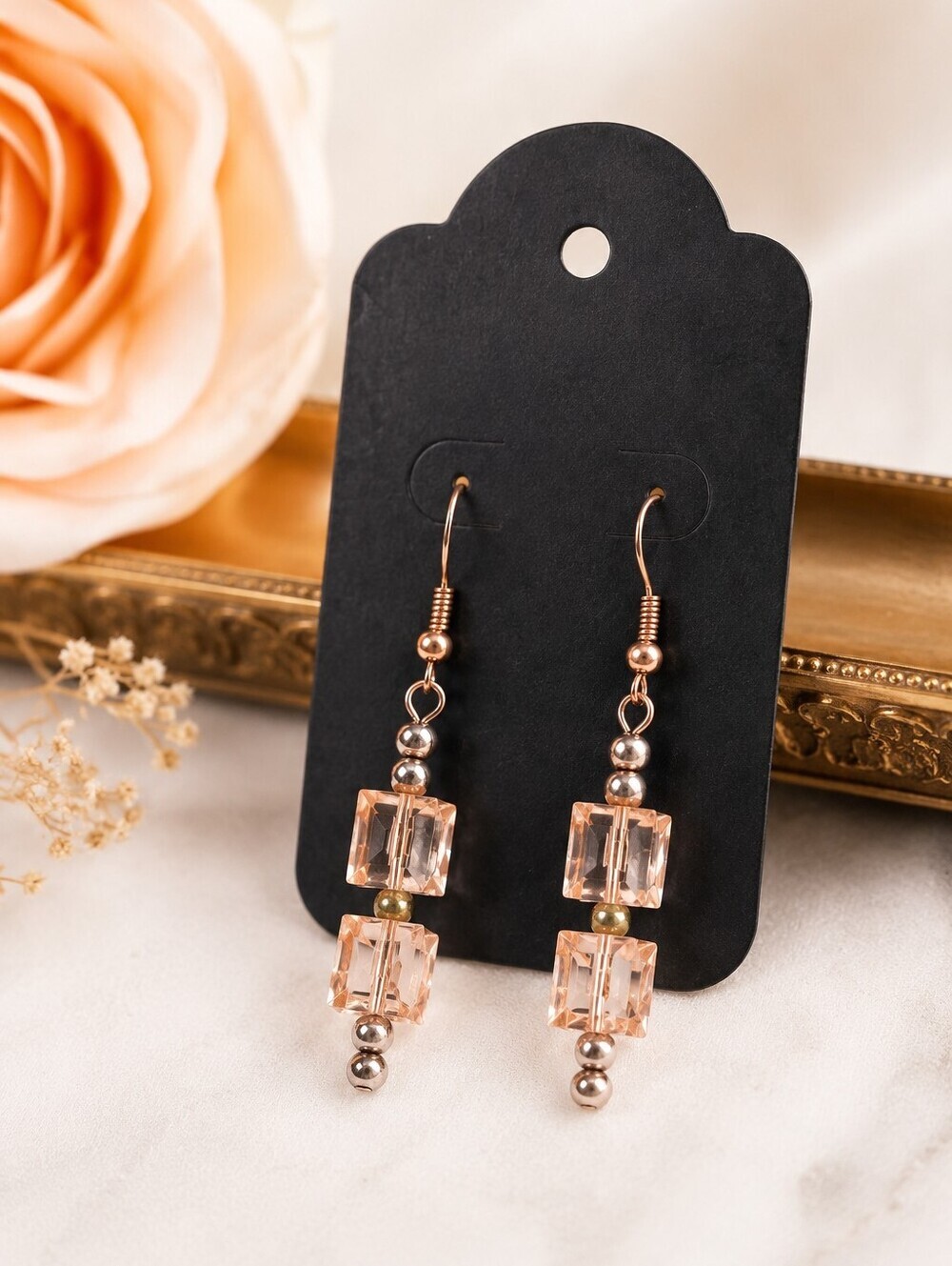 🌸2/$16🌸 Blush Crystal Cube Rose Gold Dangle Earrings